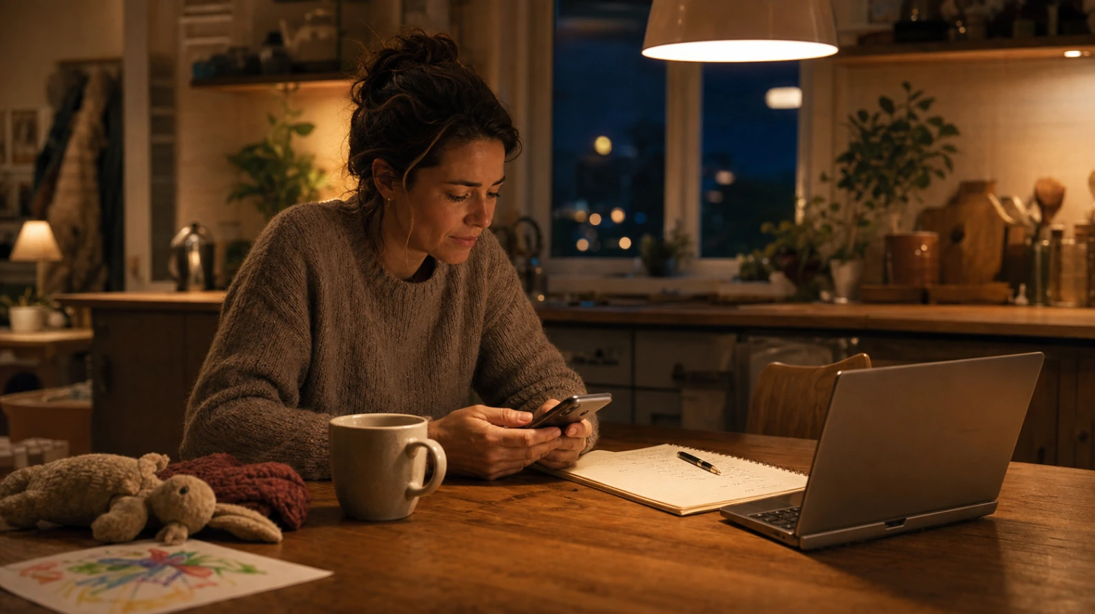 A parent at a kitchen table at night with a phone and a notepad, weighing which parenting tool to try