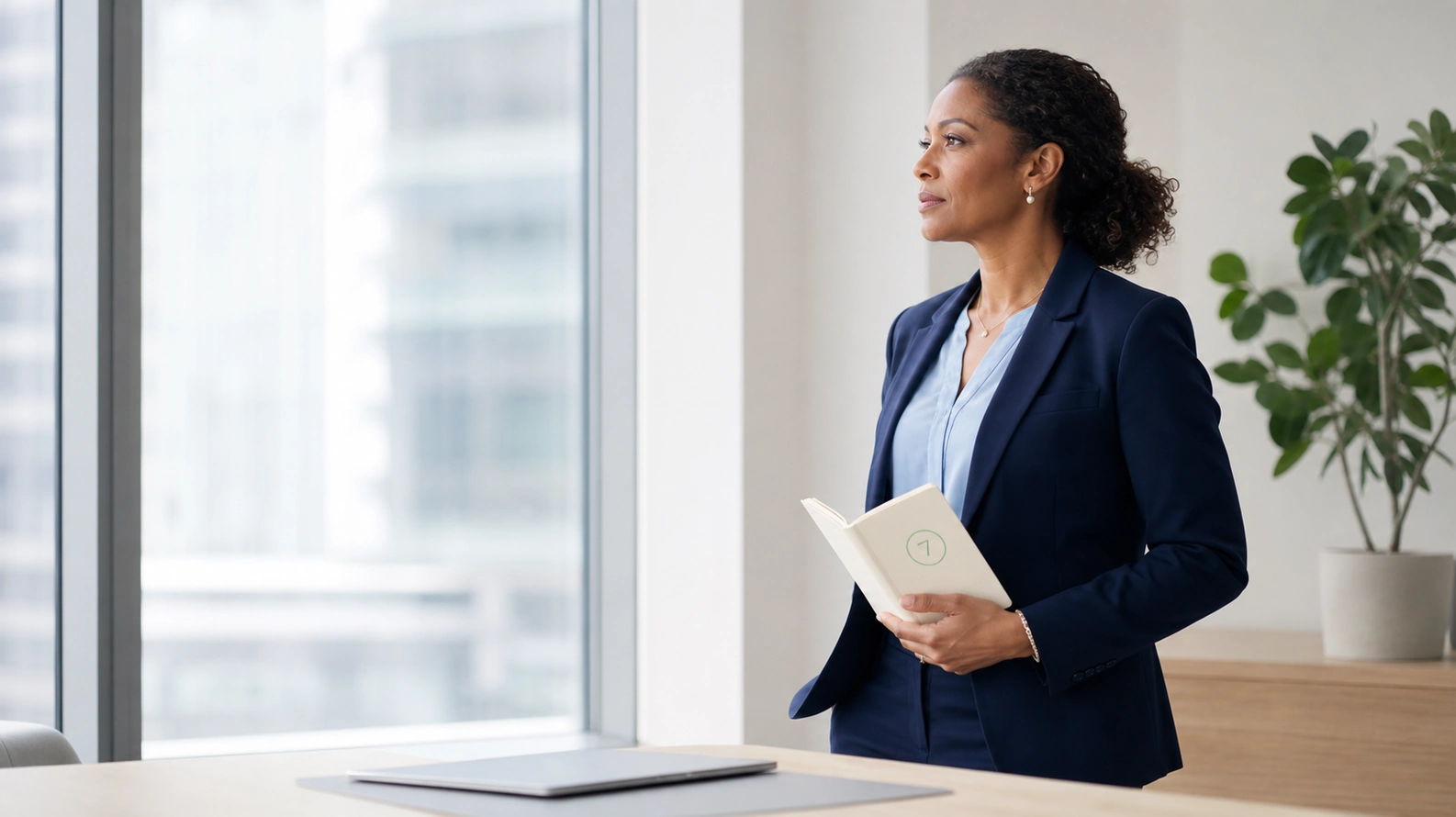 A composed professional standing by a bright office window holding a notebook with a single circled number, calm and prepared rather than anxious