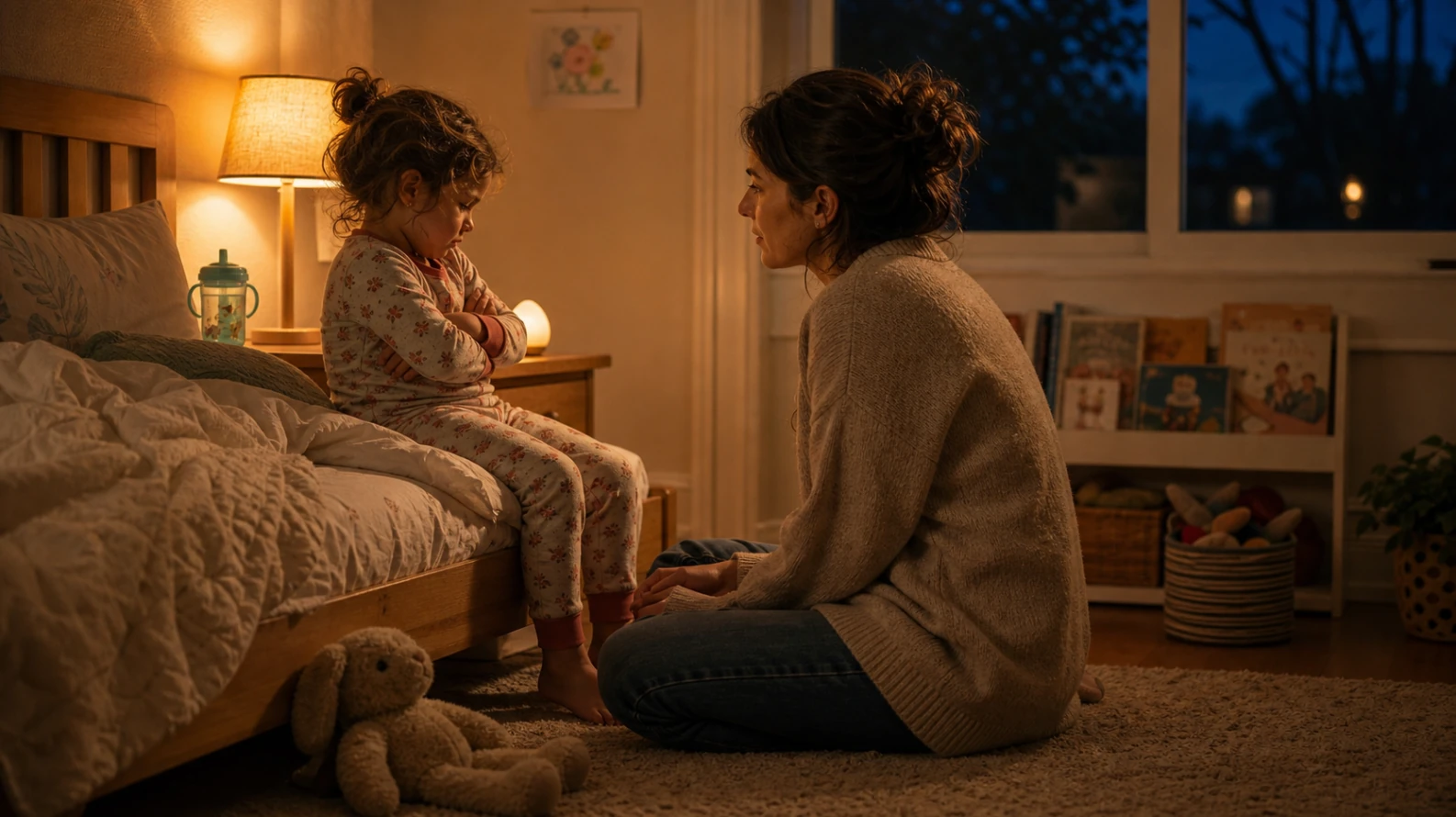 A parent sitting on the floor at eye level beside a toddler in pajamas on the edge of the bed, warm bedroom lamp casting a soft glow