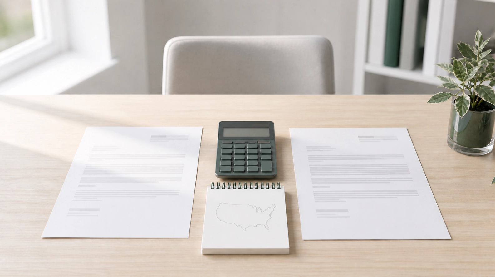 Two printed job offer letters on a sunlit desk with a calculator and a notepad showing a US map outline between them