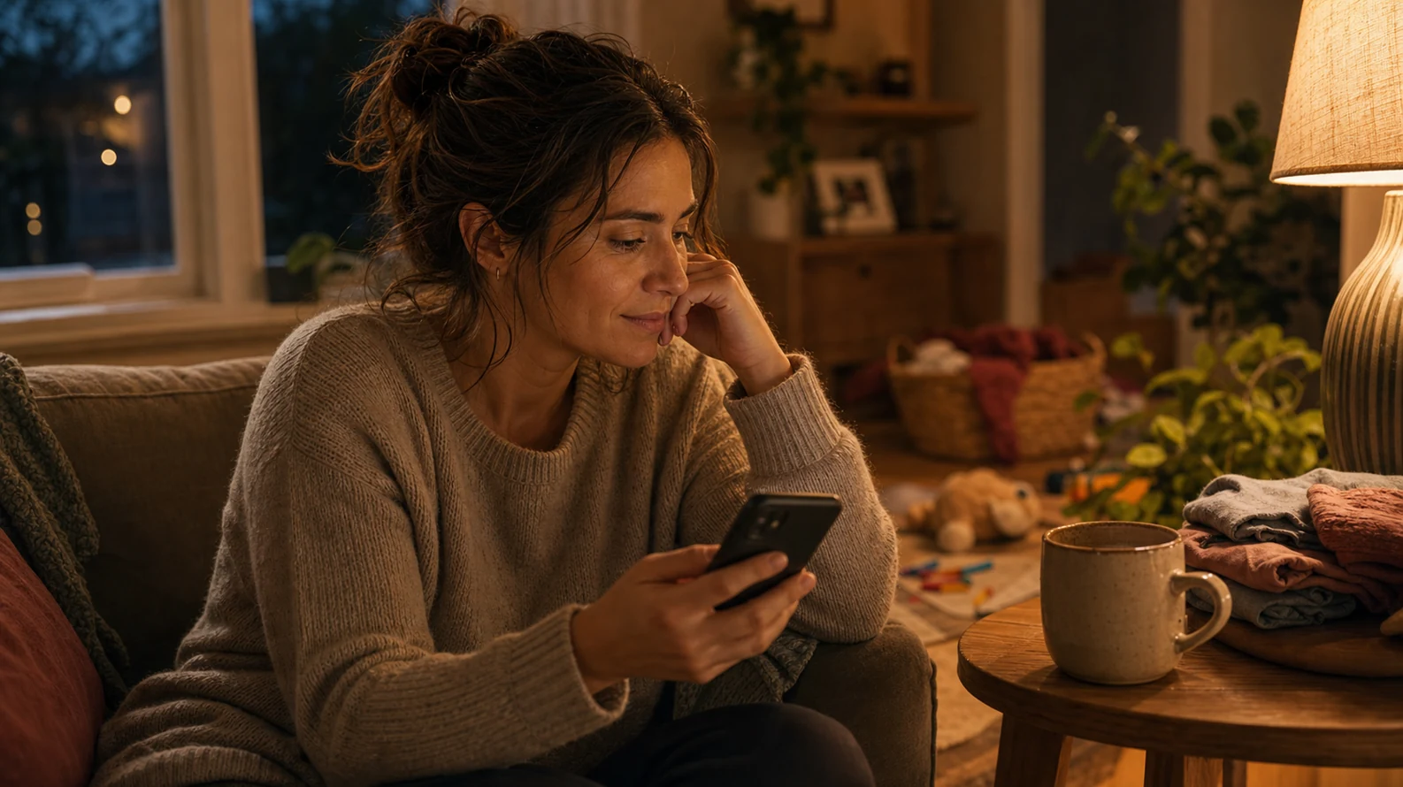 A parent on the couch in the early evening, phone in hand, soft lamp glow from a side table, contemplating which parenting app to try