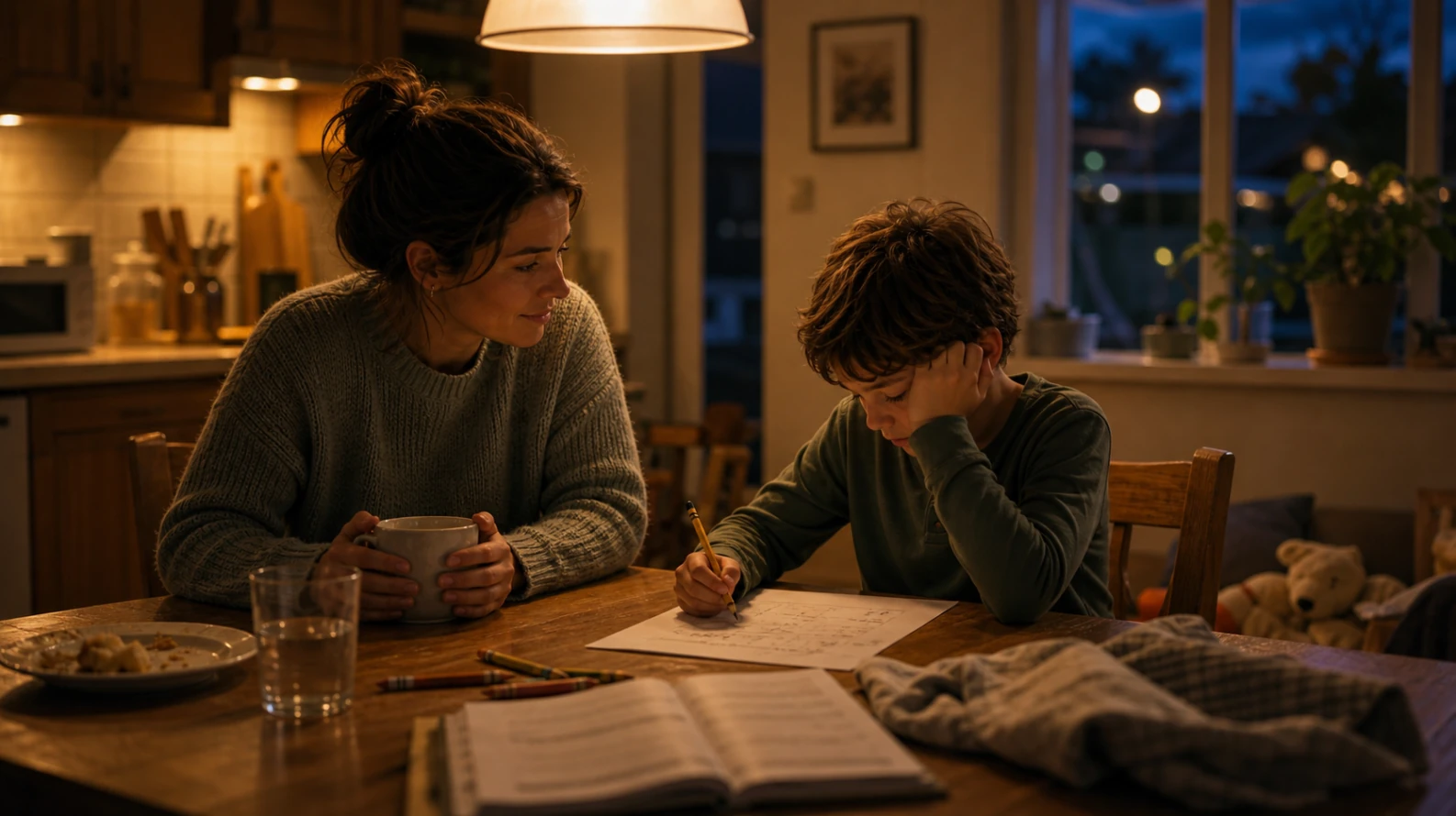 An 8-year-old at the kitchen table at dusk, slumped over a math worksheet, a parent sitting across the table holding a mug with a patient expression