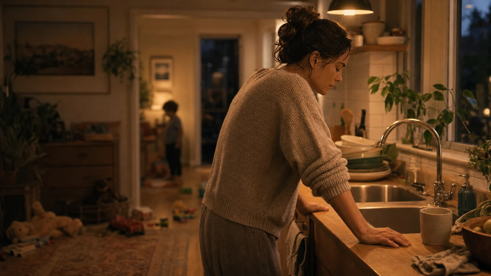 A parent at the kitchen sink at night, hands on the counter and head lowered, taking a breath to steady themselves