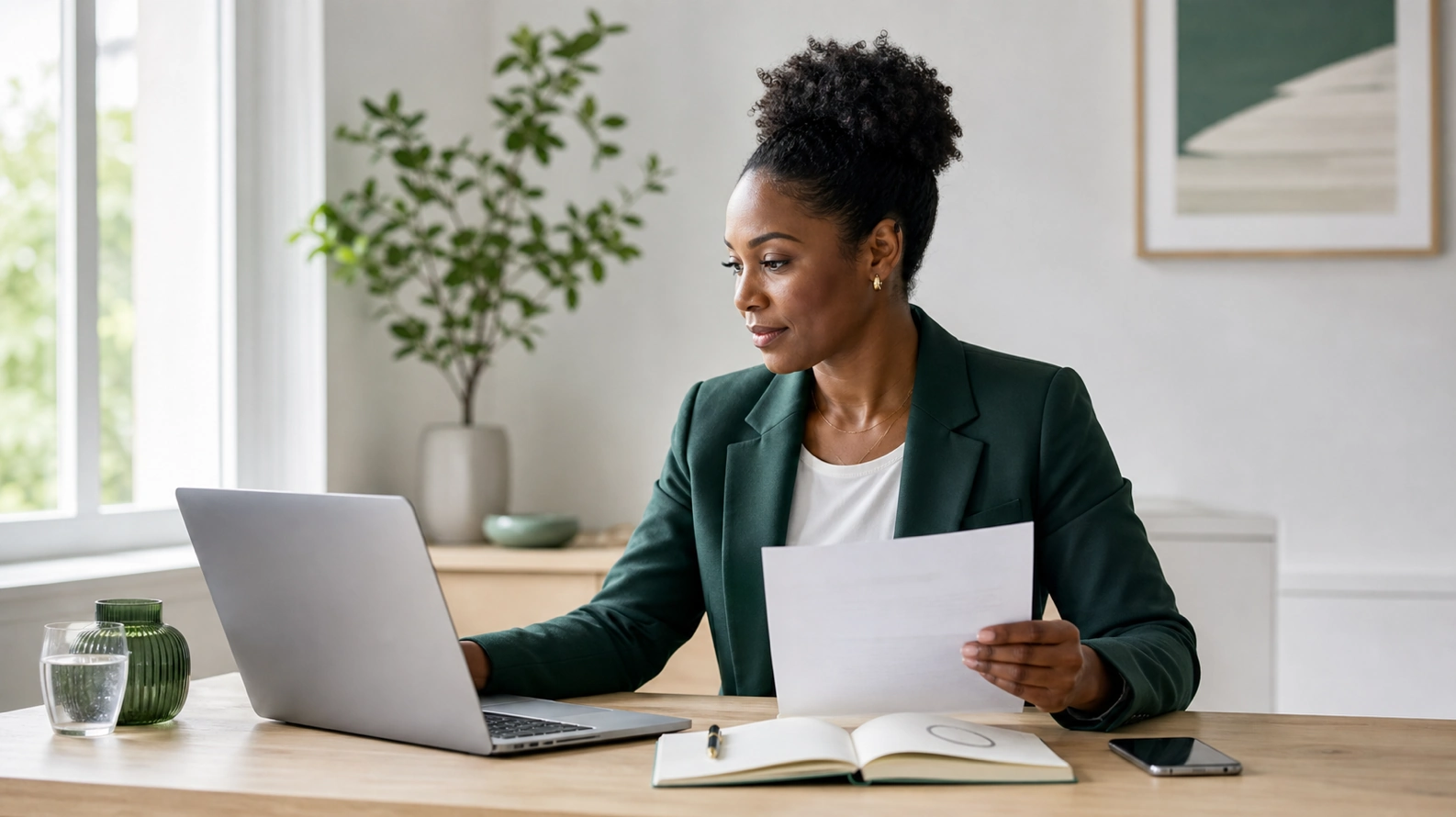A person at a tidy desk in warm daylight, a laptop open to an offer-letter email beside a notepad with a single target number on it, calm and deliberate rather than anxious