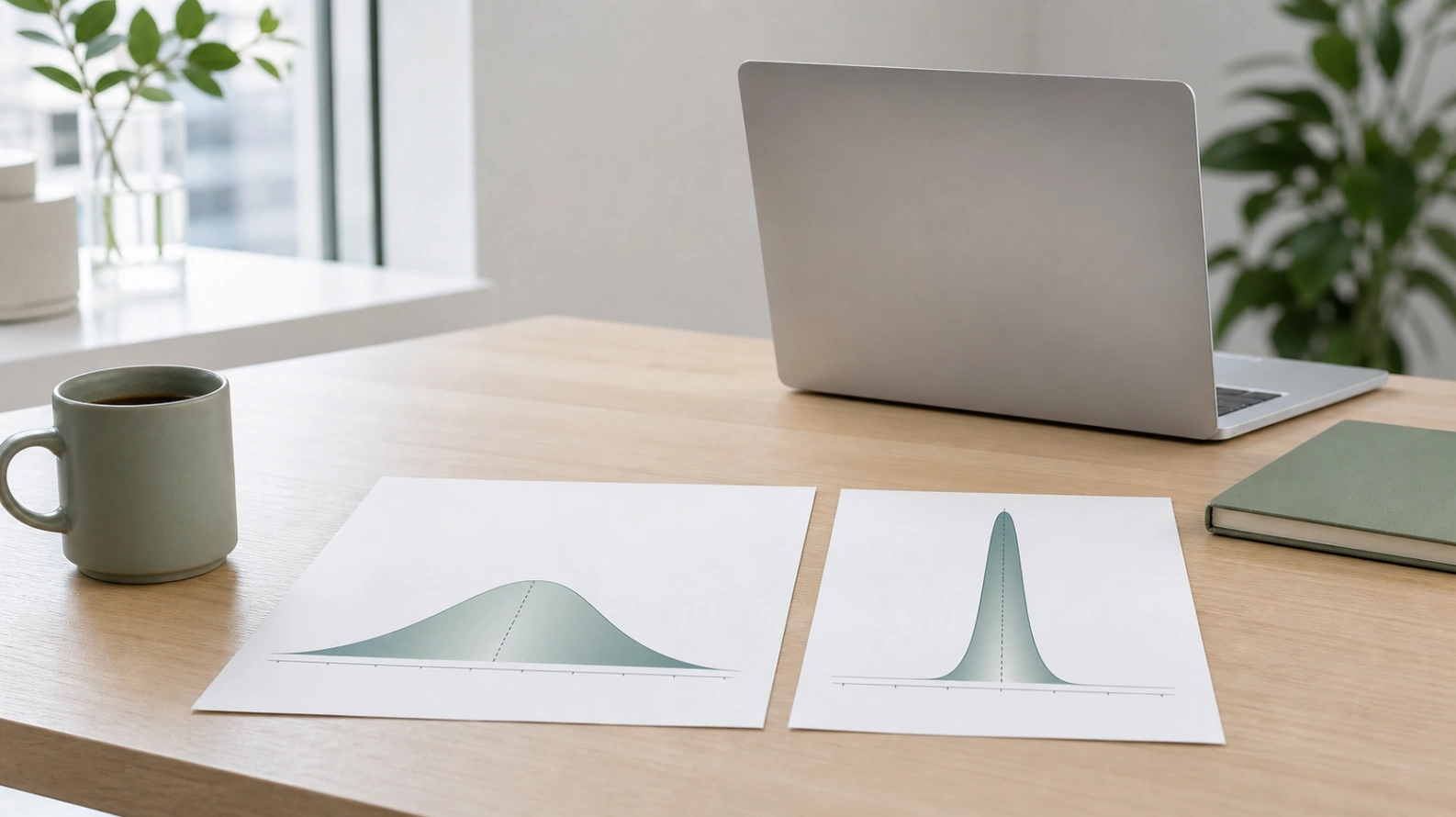 Two printed salary distribution charts on a desk beside a laptop, one showing a wide spread and one narrow