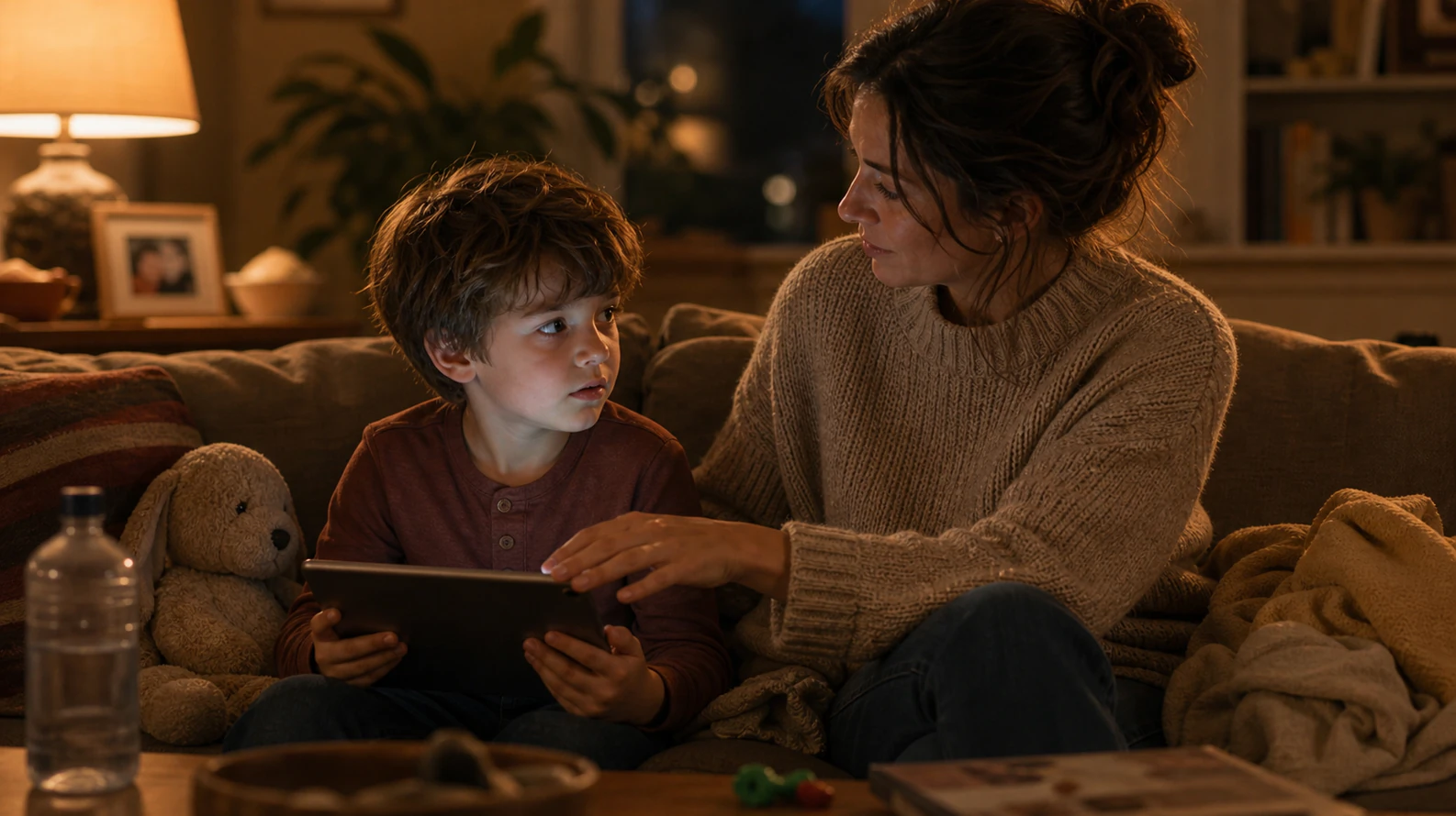 A 6-year-old on the couch holding a tablet in the early evening, a parent next to them with a calm hand resting on the edge of the device — the moment of pause before the show ends