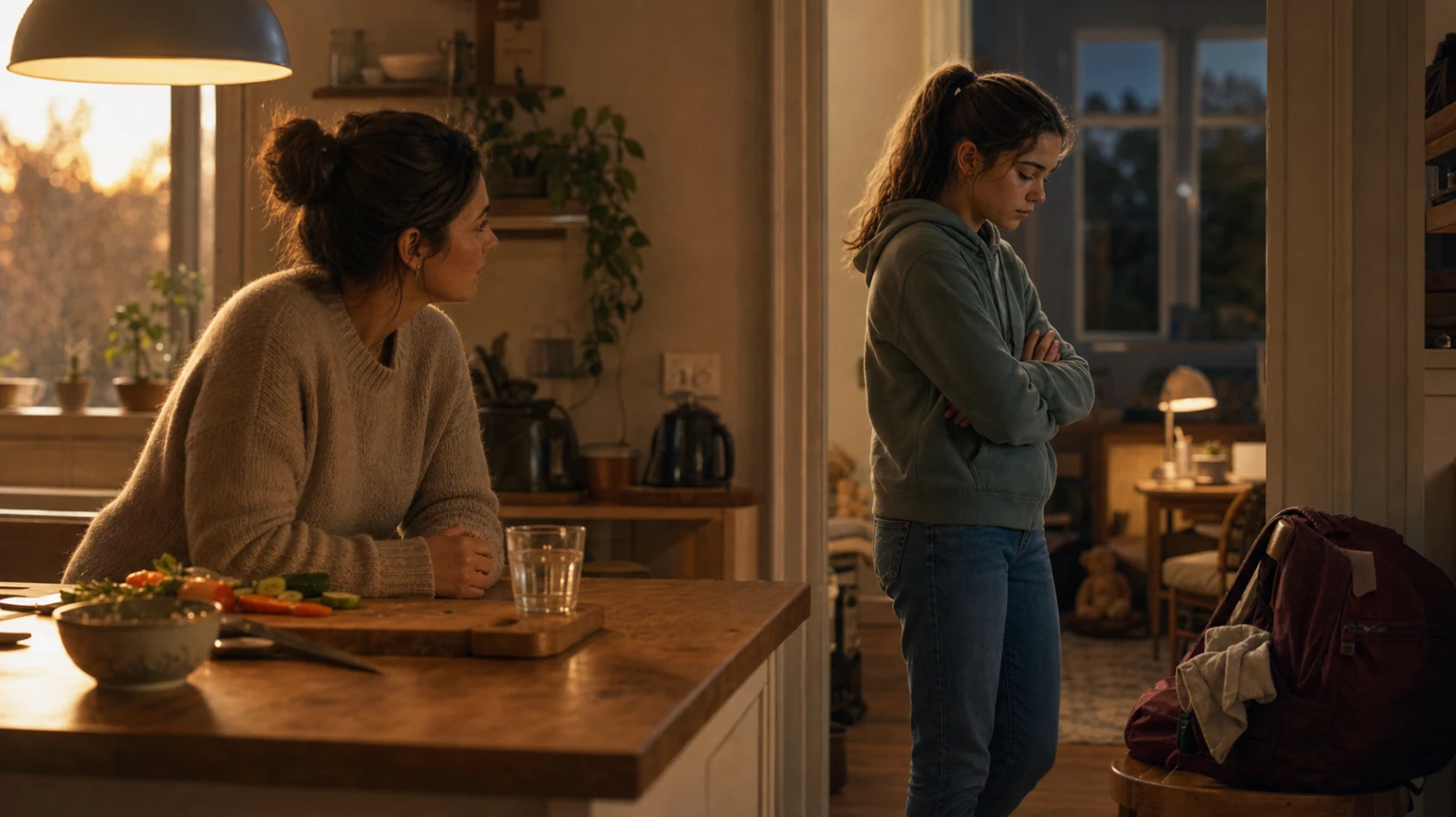 A 13-year-old in a hoodie standing in the kitchen doorway at dusk, arms crossed, looking down — the universal 'whatever, you don't get it' posture — while a parent waits patiently at the counter