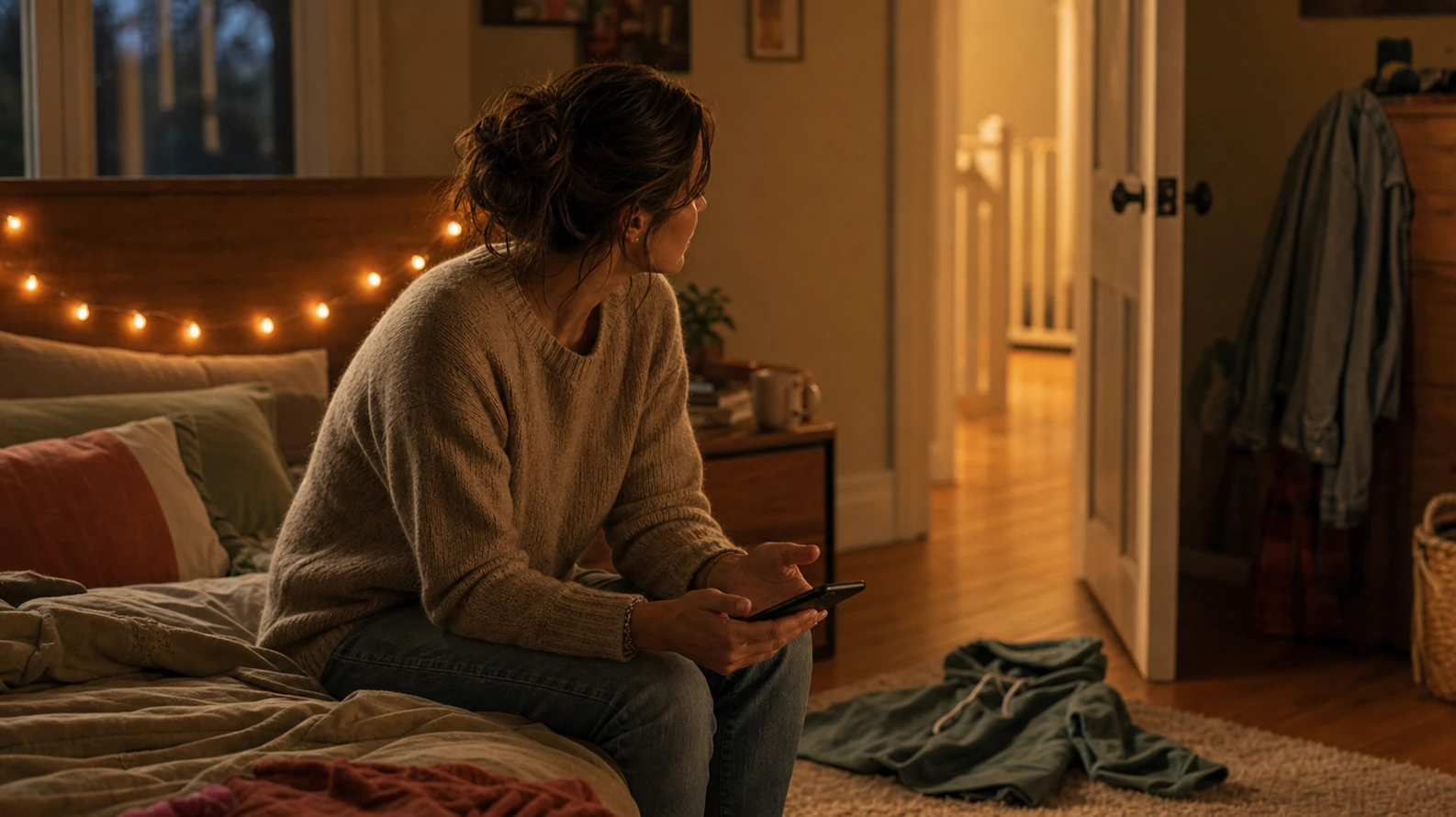 A parent sitting on the edge of an older child's bed at dusk, phone in hand, quietly rehearsing what to say before the conversation